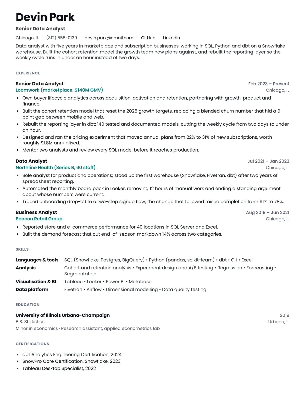 Data analyst resume sample, an analytics resume example for 2026, EvoResume.com