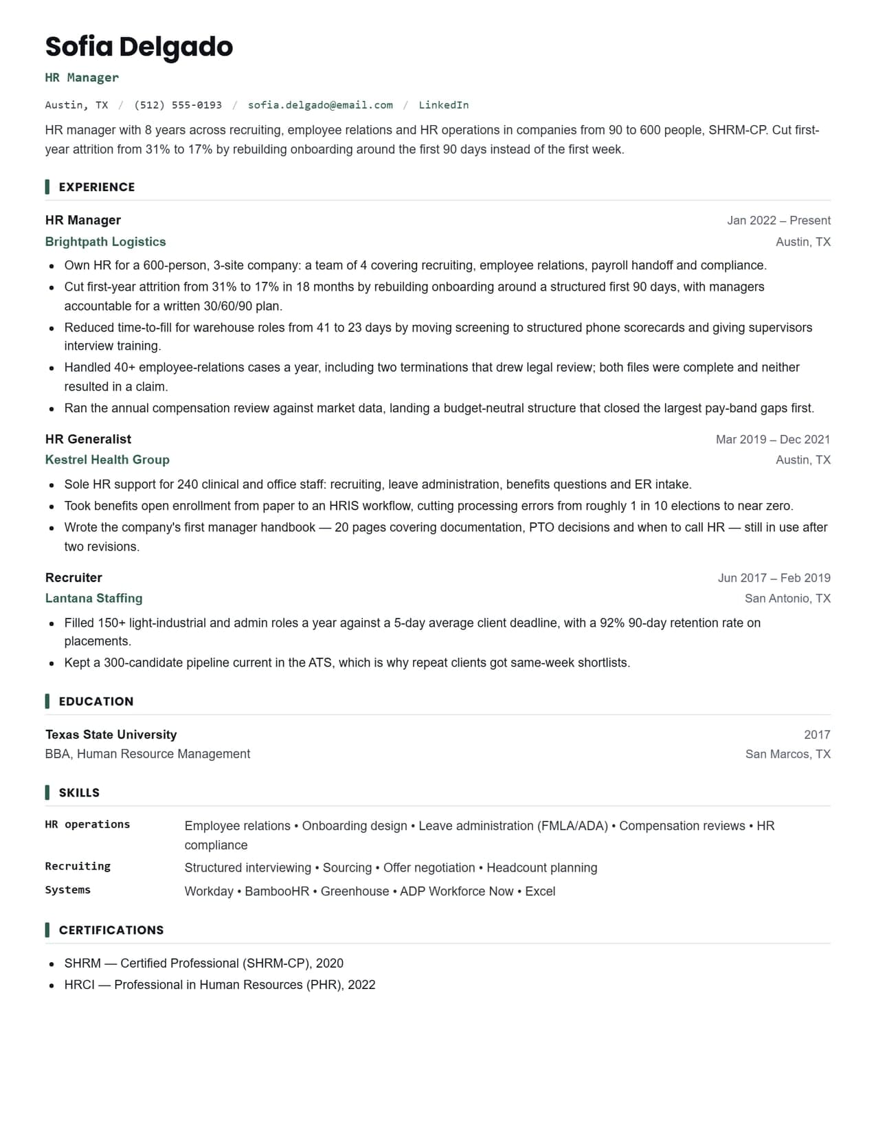 Human resources resume sample, an HR manager resume example for 2026, EvoResume.com