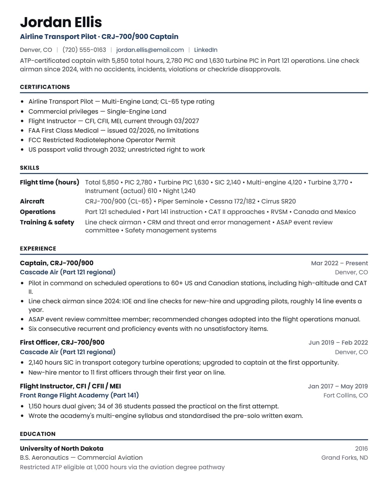 Pilot resume sample, an airline commercial pilot resume example for 2026, EvoResume.com