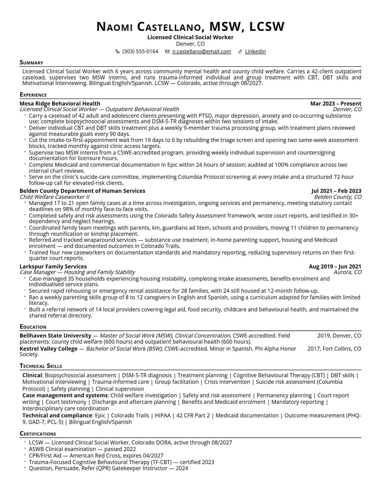 Social worker resume sample — LCSW and MSW resume example for 2026, EvoResume.com