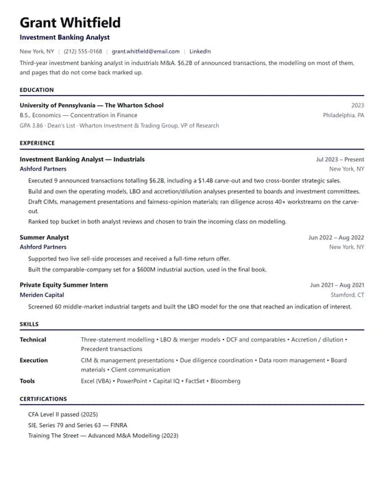 ATS Friendly Investment Banking Resume Template