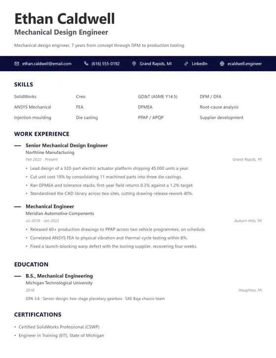 ATS Friendly Mechanical Engineer Resume Template