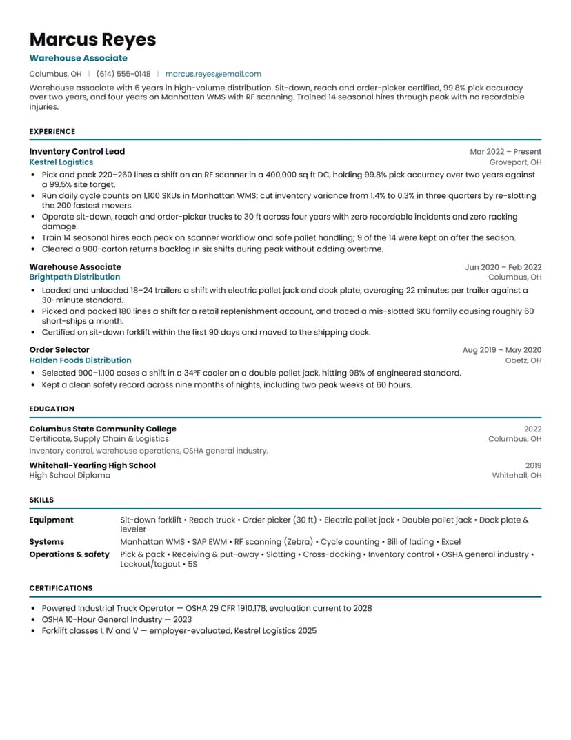Warehouse Associate resume sample