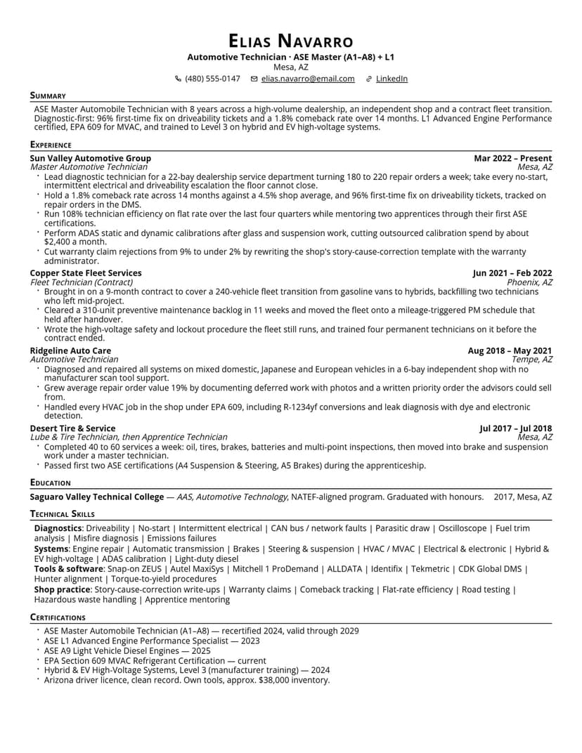 Automotive Technician resume sample
