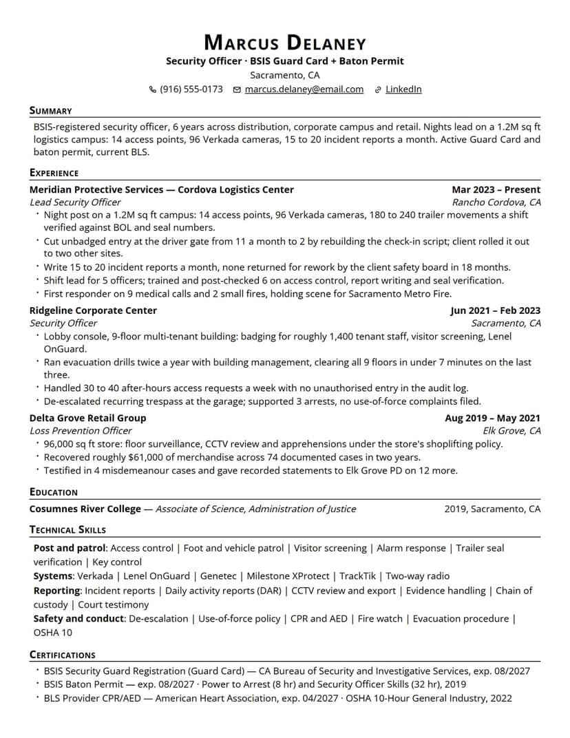 Security Guard resume sample