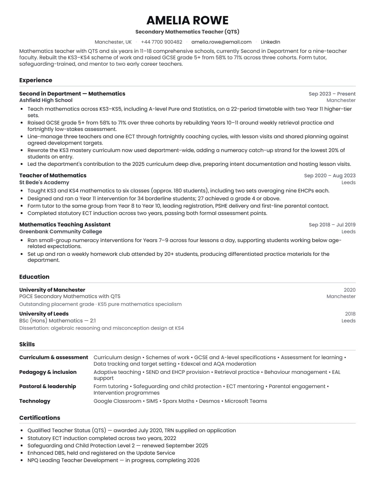 Teacher CV template, a secondary mathematics teaching CV example for 2026, EvoResume.com