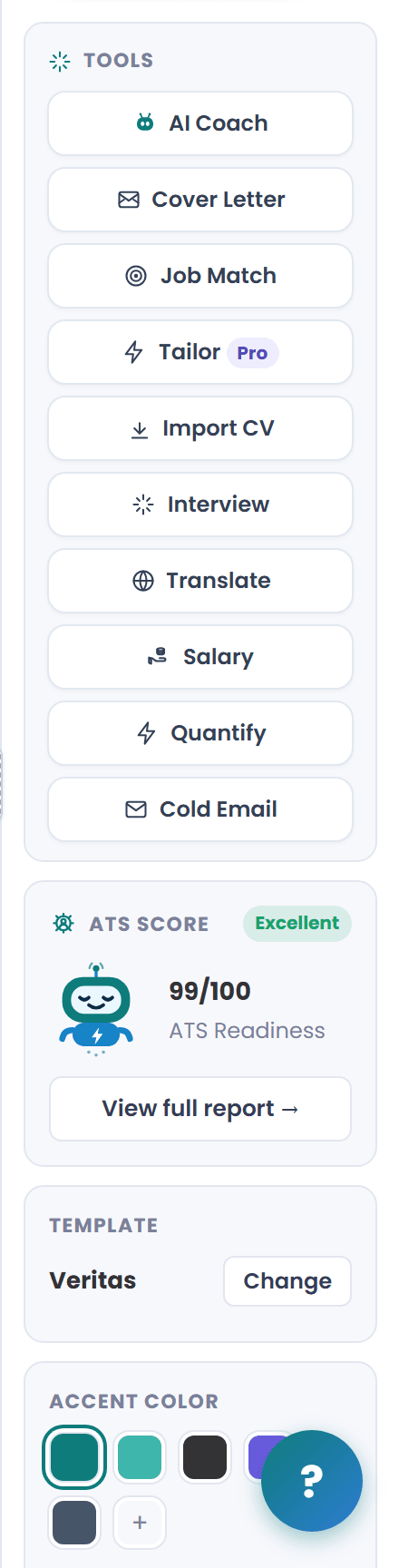 EvoResume builder tools panel: AI Coach, Cover Letter, Job Match, Tailor, Import CV, Interview, Translate, Salary, Quantify, and Cold Email.