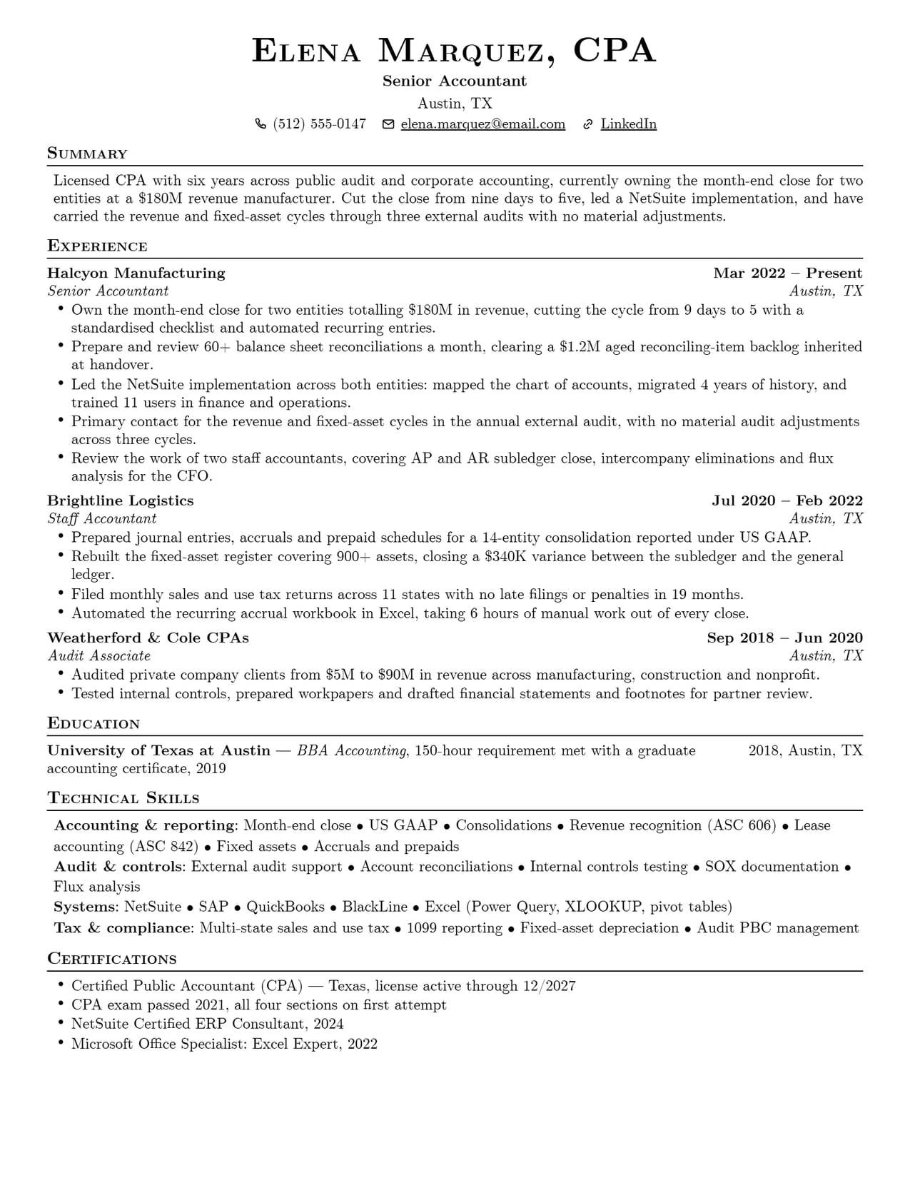 The header and credential line section of the Accountant resume sample