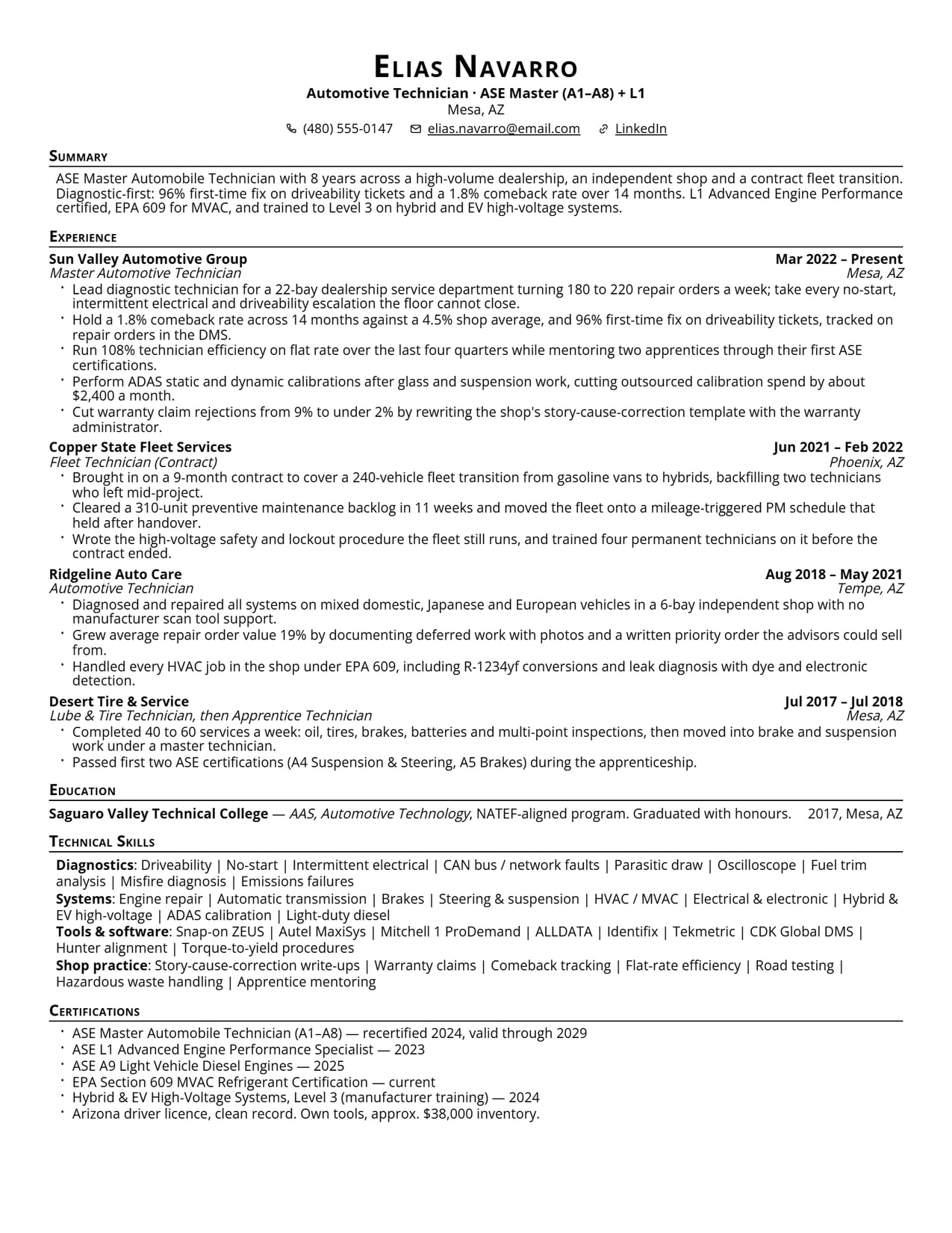 The header and certification line section of the Automotive Technician resume sample