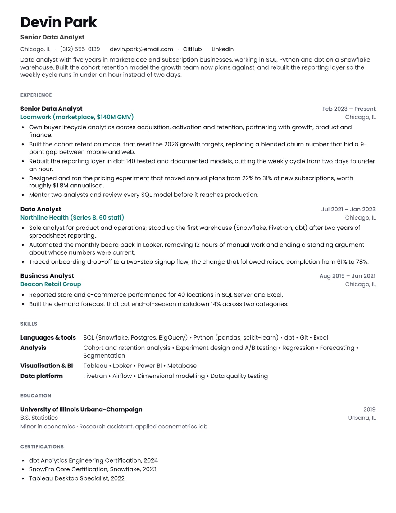The header and title line section of the Data Analyst resume sample