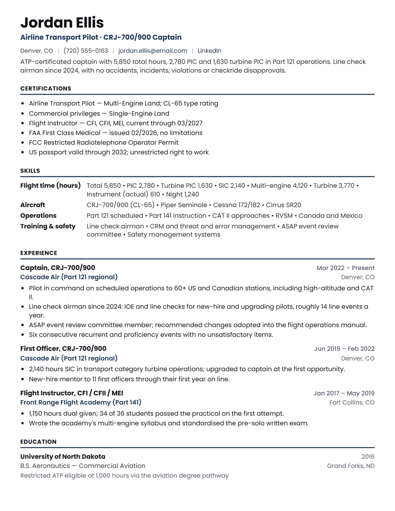 The header and certificate line section of the Airline Pilot resume sample