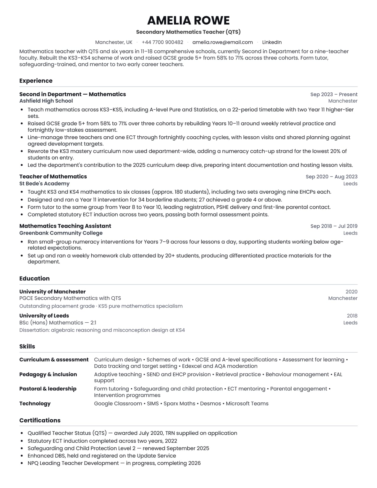 The contact information section of the Teaching CV sample