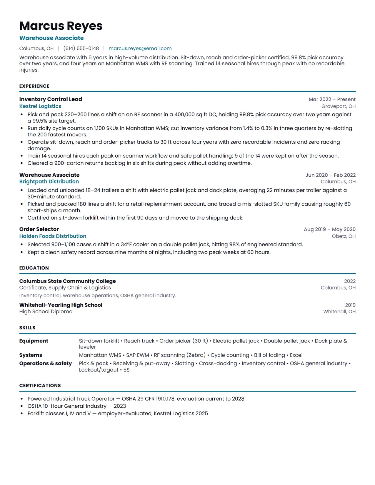 The header and job title section of the Warehouse Associate resume sample